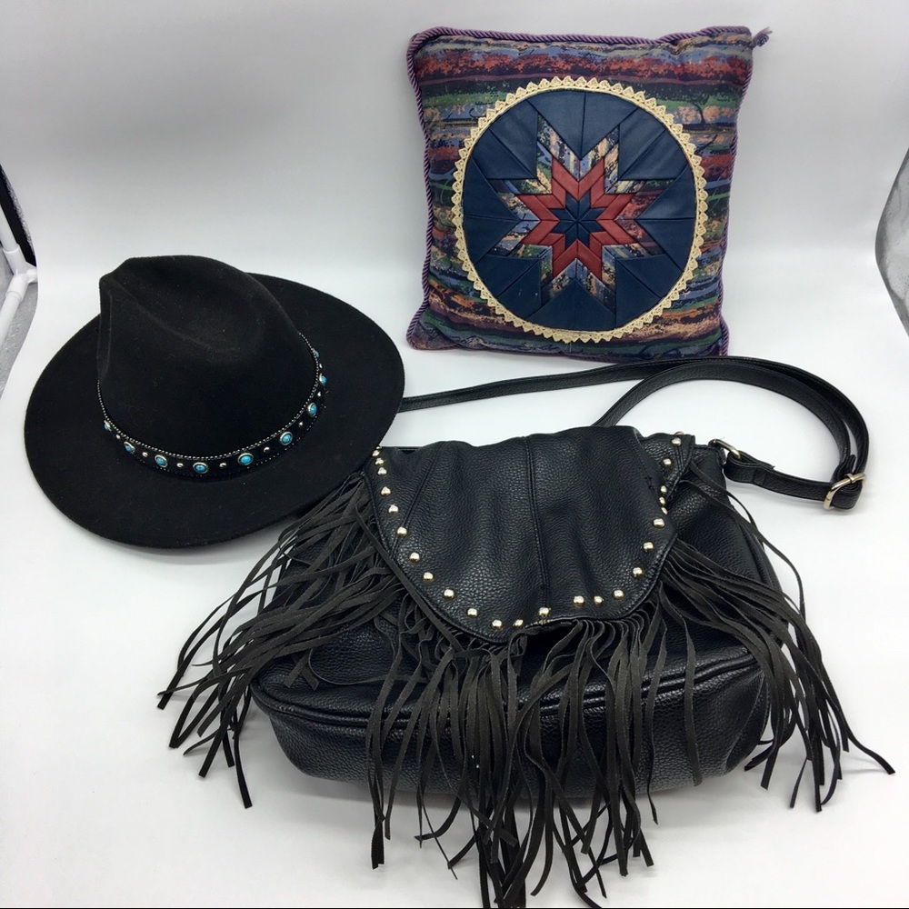 Black cross body bag fringe purse